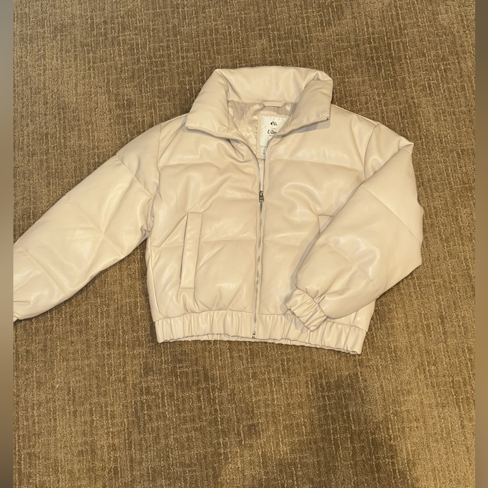 Beige Vegan Leather Puffer Jacket